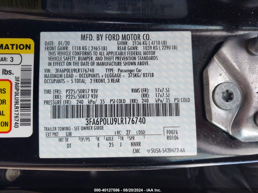 2020 FORD FUSION HYBRID SE - 3FA6P0LU9LR176740