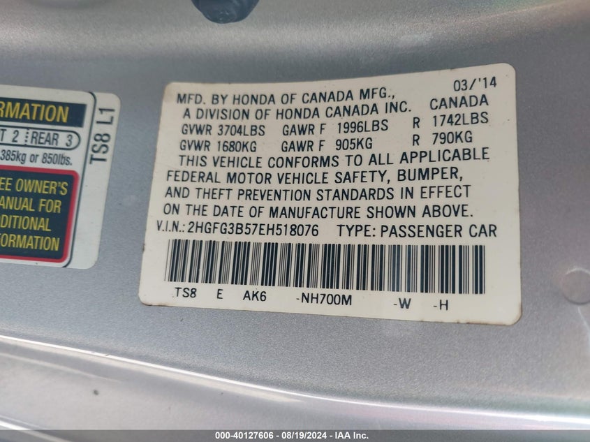 2014 Honda Civic Lx VIN: 2HGFG3B57EH518076 Lot: 40127606