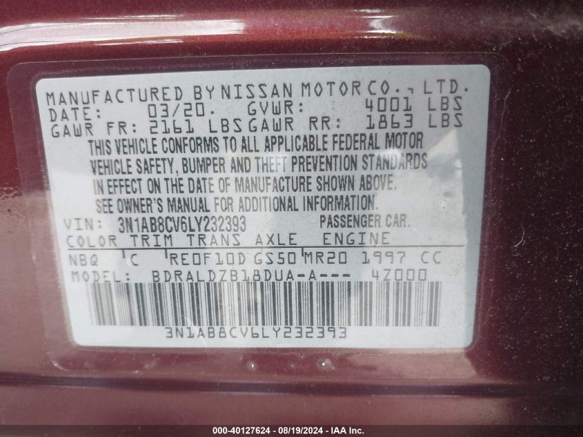 2020 Nissan Sentra Sv Xtronic Cvt VIN: 3N1AB8CV6LY232393 Lot: 40127624