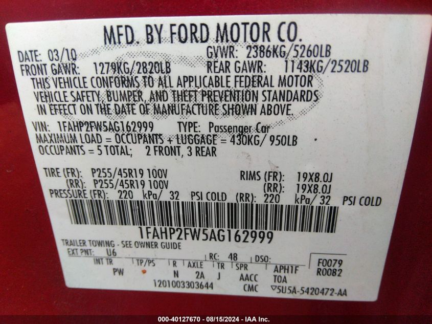 2010 Ford Taurus Limited VIN: 1FAHP2FW5AG162999 Lot: 40127670