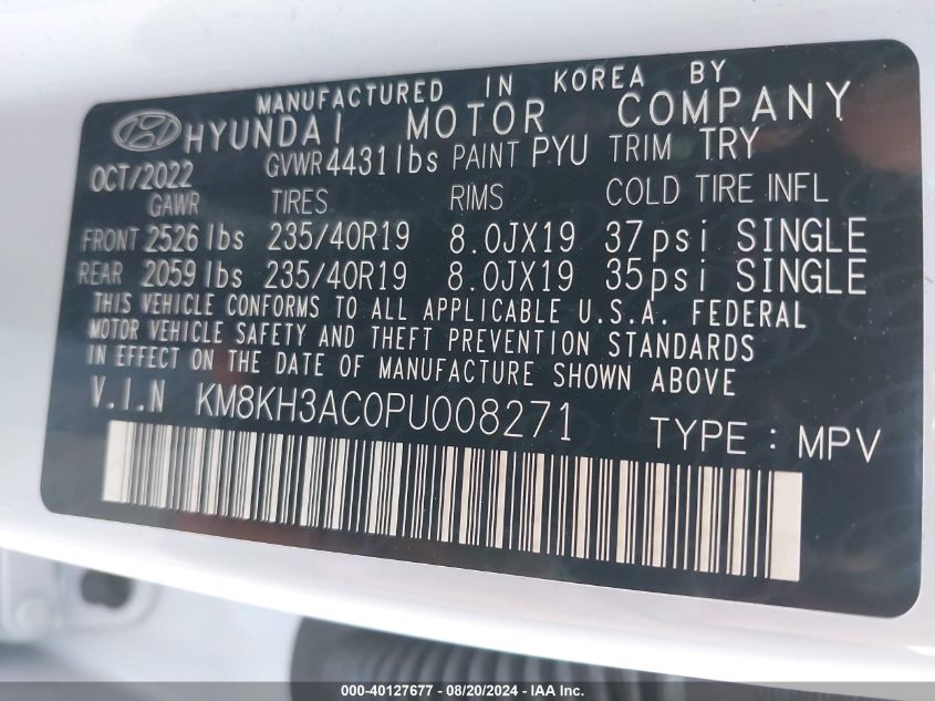 2023 Hyundai Kona N VIN: KM8KH3AC0PU008271 Lot: 40127677