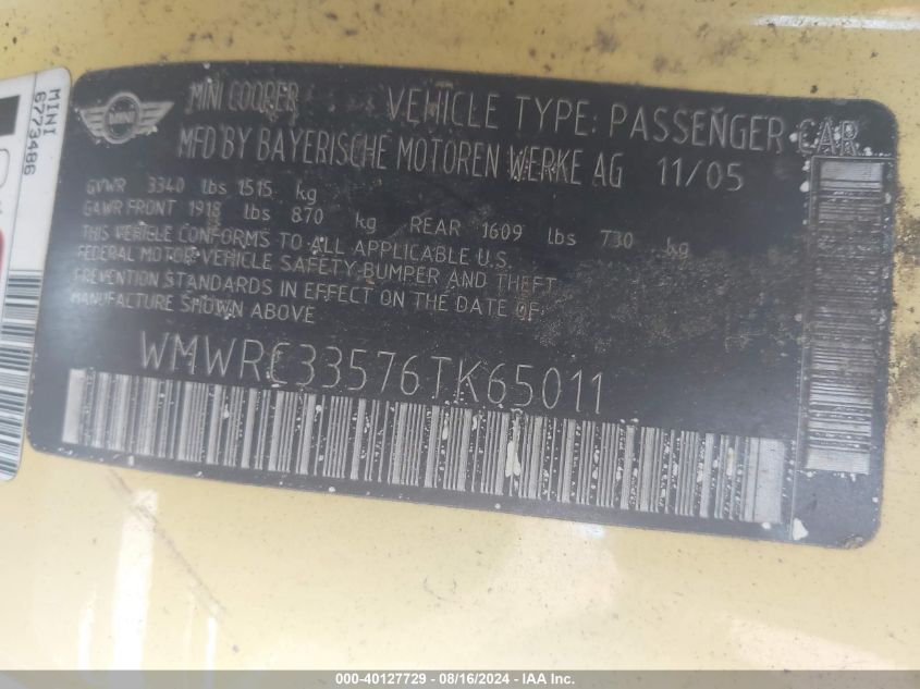 2006 Mini Cooper VIN: WMWRC33576TK65011 Lot: 40127729