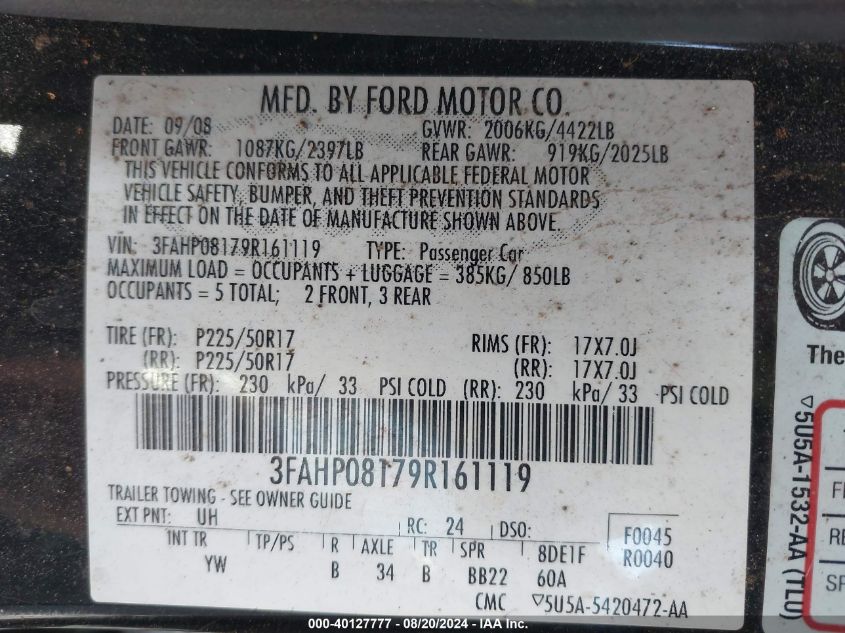 2009 Ford Fusion Sel VIN: 3FAHP08179R161119 Lot: 40127777