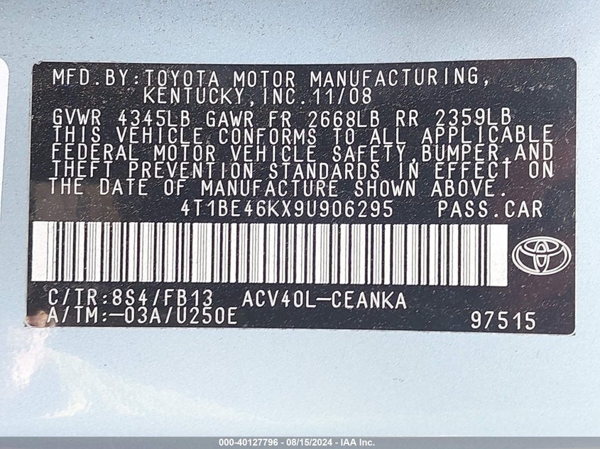 2009 Toyota Camry Le VIN: 4T1BE46KX9U906295 Lot: 40127796