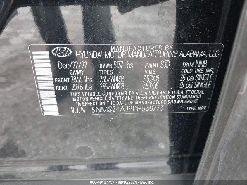 2023 Hyundai Santa Fe Sel VIN: 5NMS24AJ9PH538773 Lot: 40127797