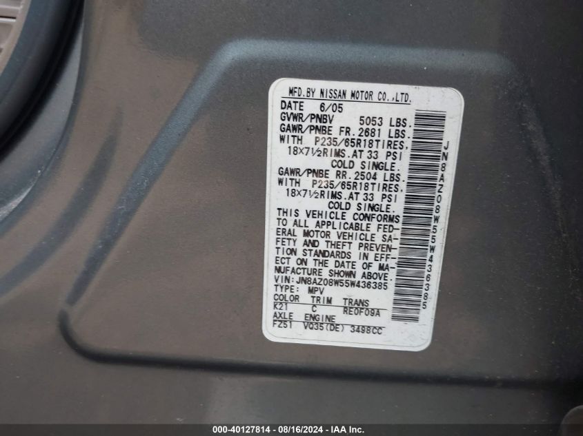 JN8AZ08W55W436385 2005 Nissan Murano Sl