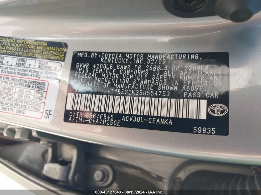2005 Toyota Camry Le VIN: 4T1BE32K35U554753 Lot: 40127843