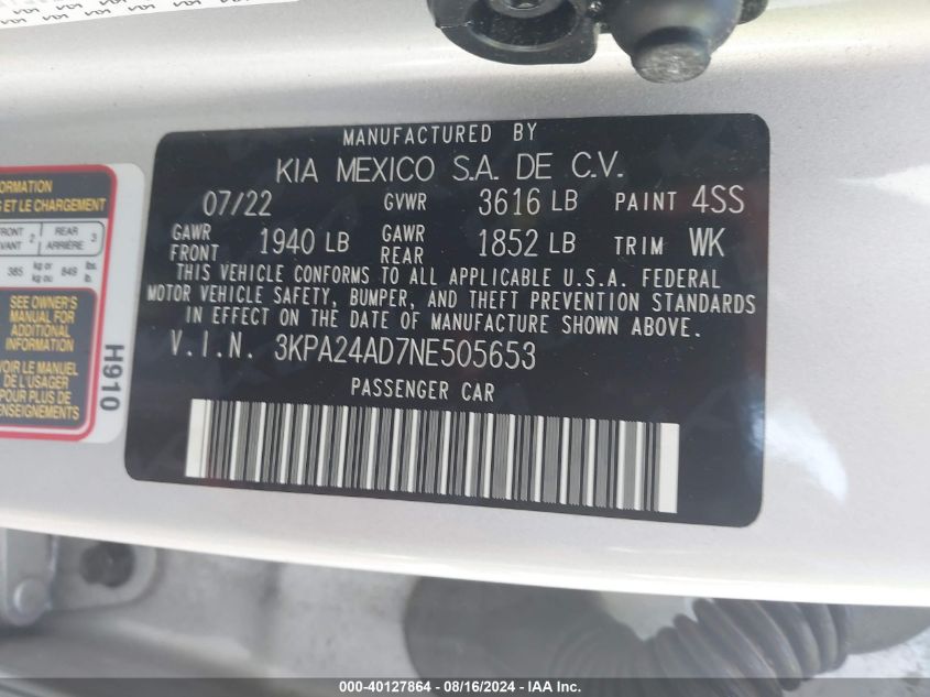 2022 Kia Rio Lx/S VIN: 3KPA24AD7NE505653 Lot: 40127864