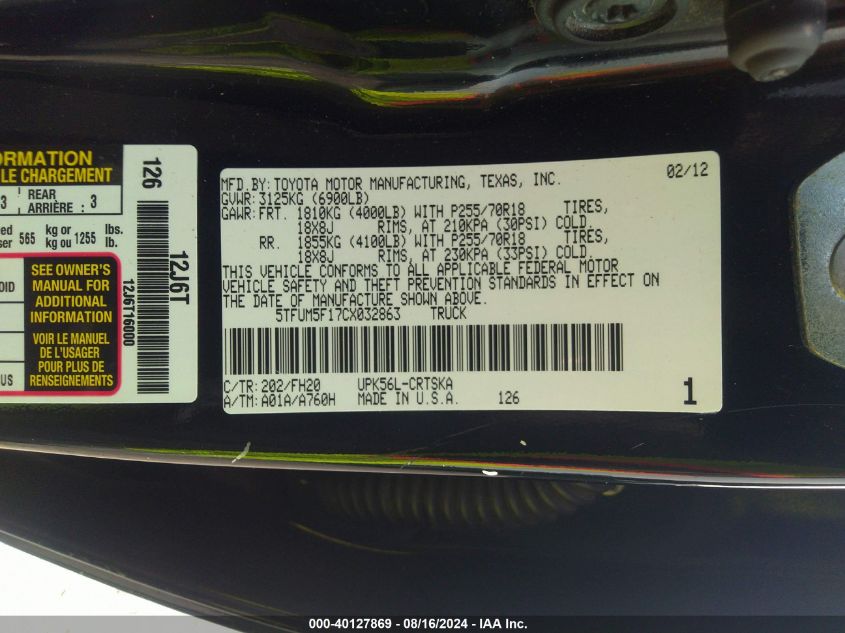 2012 Toyota Tundra Grade 4.6L V8 VIN: 5TFUM5F17CX032863 Lot: 40127869