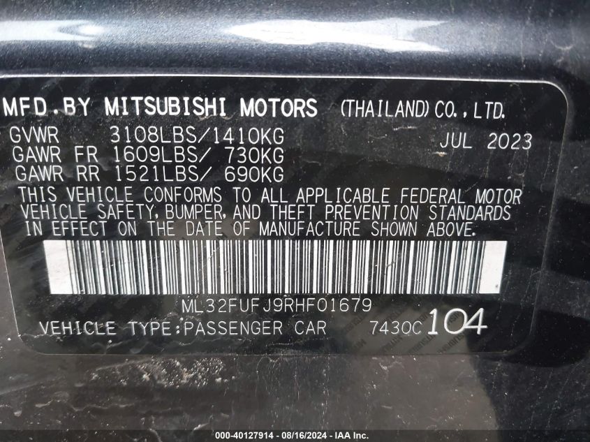 2024 MITSUBISHI MIRAGE VIN: ML32FUFJ9RHF01679