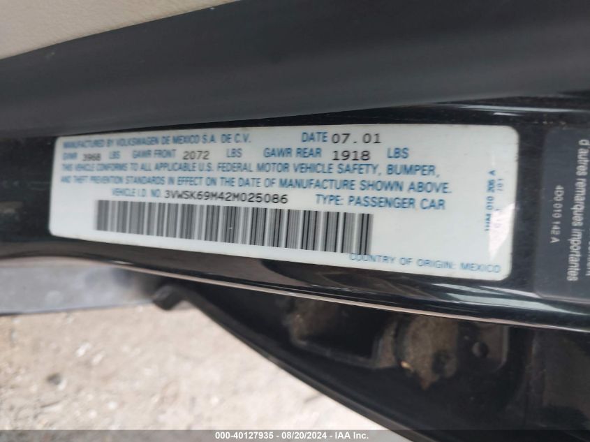 2002 Volkswagen Jetta Gls VIN: 3VWSK69M42M025086 Lot: 40127935