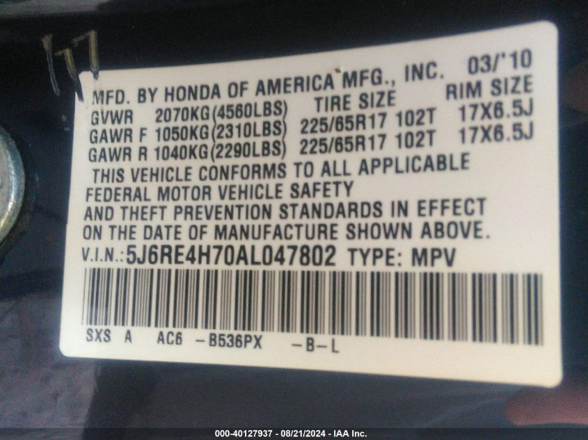 2010 Honda Cr-V Ex-L VIN: 5J6RE4H70AL047802 Lot: 40127937