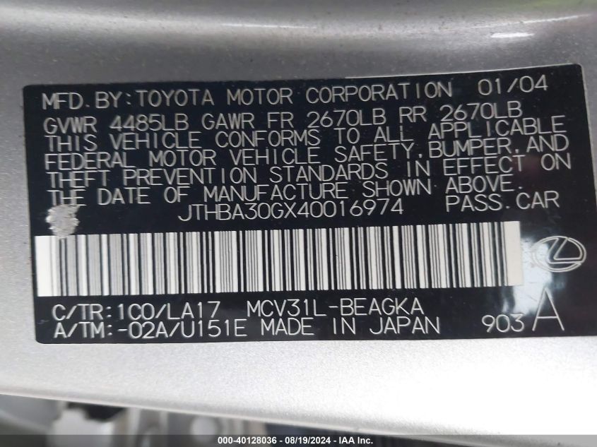 2004 Lexus Es 330 VIN: JTHBA30GX40016974 Lot: 40128036