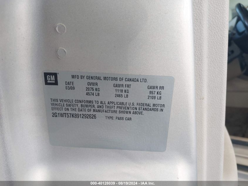 2009 Chevrolet Impala Lt VIN: 2G1WT57K891292626 Lot: 40128039