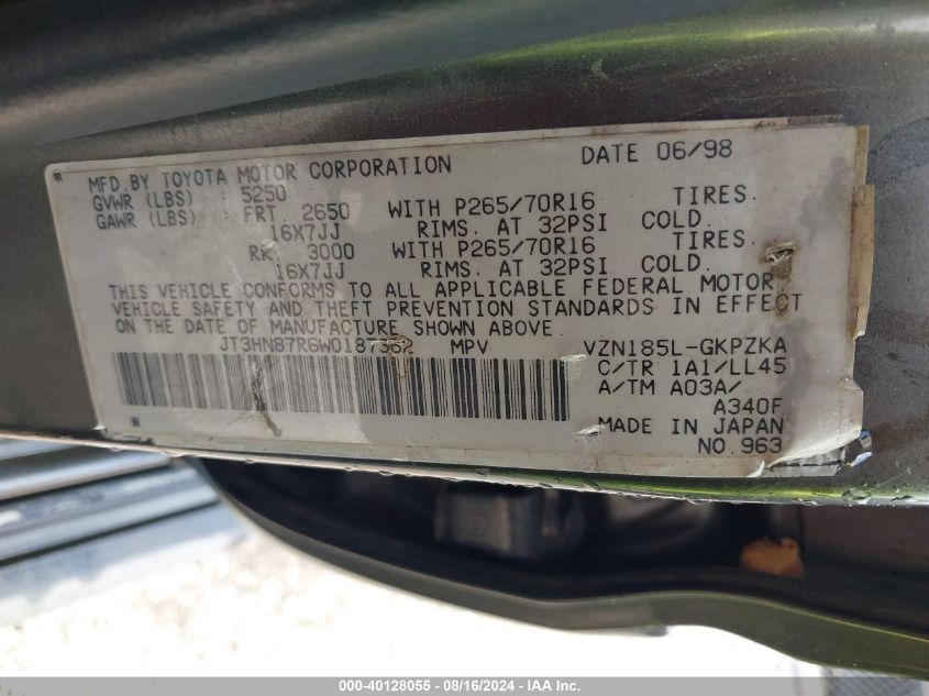 JT3HN87R6W0187362 1998 Toyota 4Runner Sr5 V6 Limited