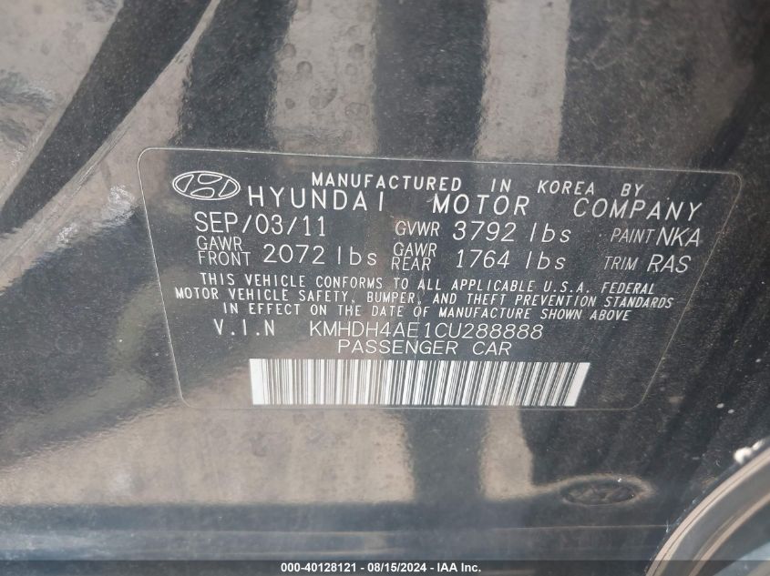 2012 Hyundai Elantra Gls (Ulsan Plant) VIN: KMHDH4AE1CU288888 Lot: 40128121