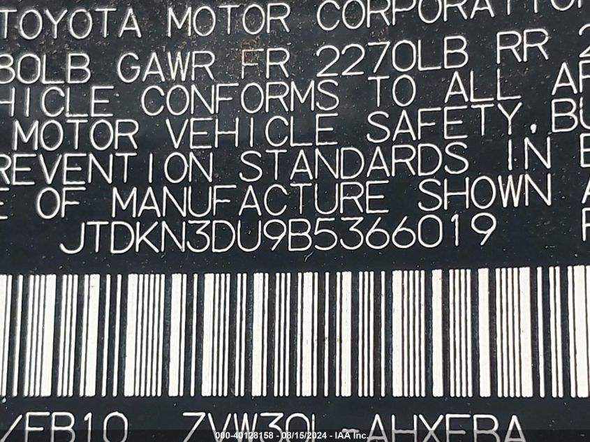 2011 Toyota Prius Three VIN: JTDKN3DU9B5366019 Lot: 40128158