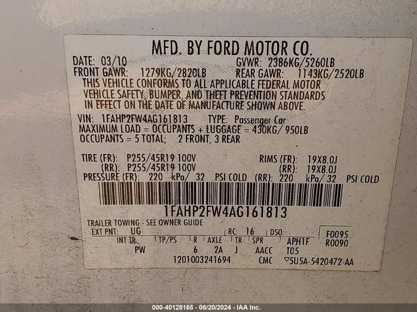 1FAHP2FW4AG161813 2010 Ford Taurus Limited