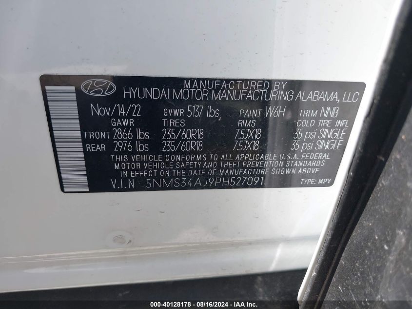 2023 Hyundai Santa Fe Sel VIN: 5NMS34AJ9PH527091 Lot: 40128178