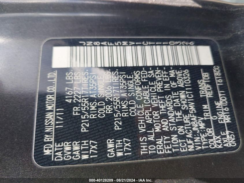 2012 Nissan Juke S VIN: JN8AF5MV1CT110326 Lot: 40128209