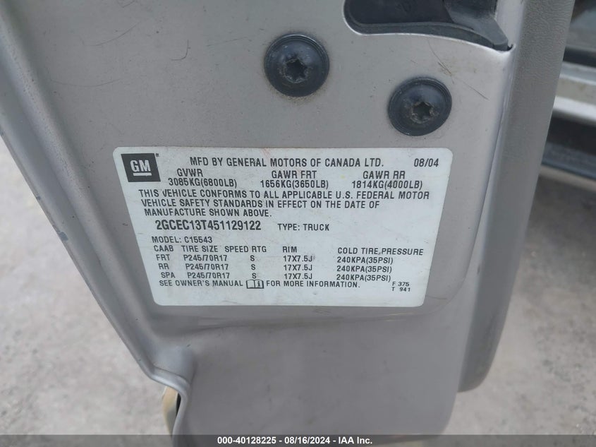 2005 Chevrolet Silverado 1500 Lt VIN: 2GCEC13T451129122 Lot: 40128225
