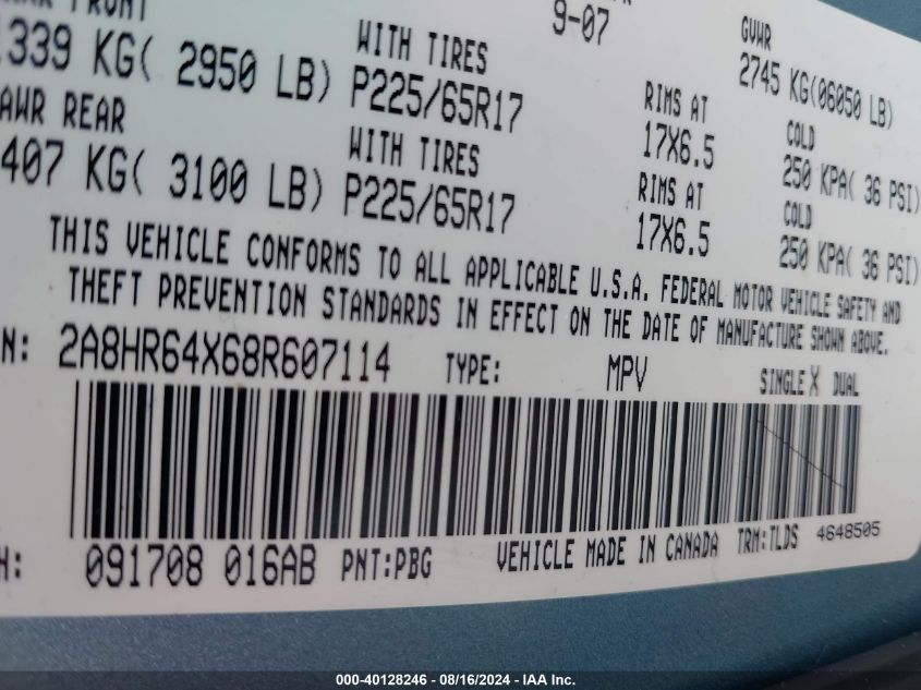 2008 Chrysler Town & Country Limited VIN: 2A8HR64X68R607114 Lot: 40128246