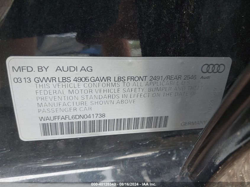 2013 Audi A4 2.0T Premium VIN: WAUFFAFL6DN041738 Lot: 40128343