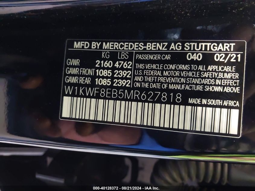 2021 Mercedes-Benz C 300 4Matic VIN: W1KWF8EB5MR627818 Lot: 40128372