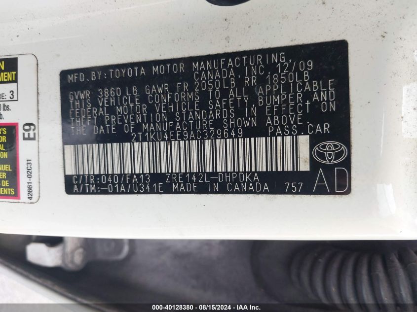 2010 Toyota Matrix VIN: 2T1KU4EE9AC329649 Lot: 40128380