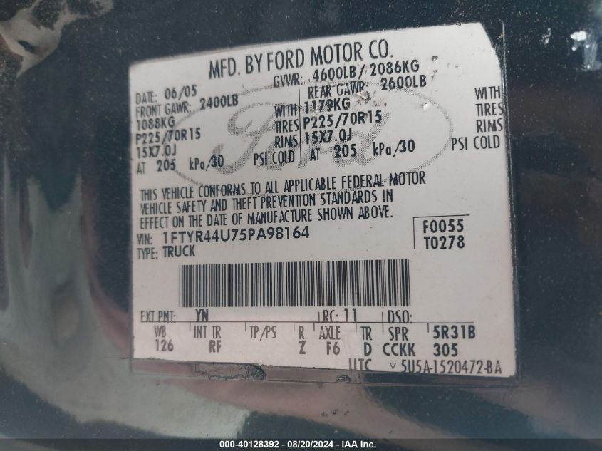 1FTYR44U75PA98164 2005 Ford Ranger Edge/Stx/Xlt