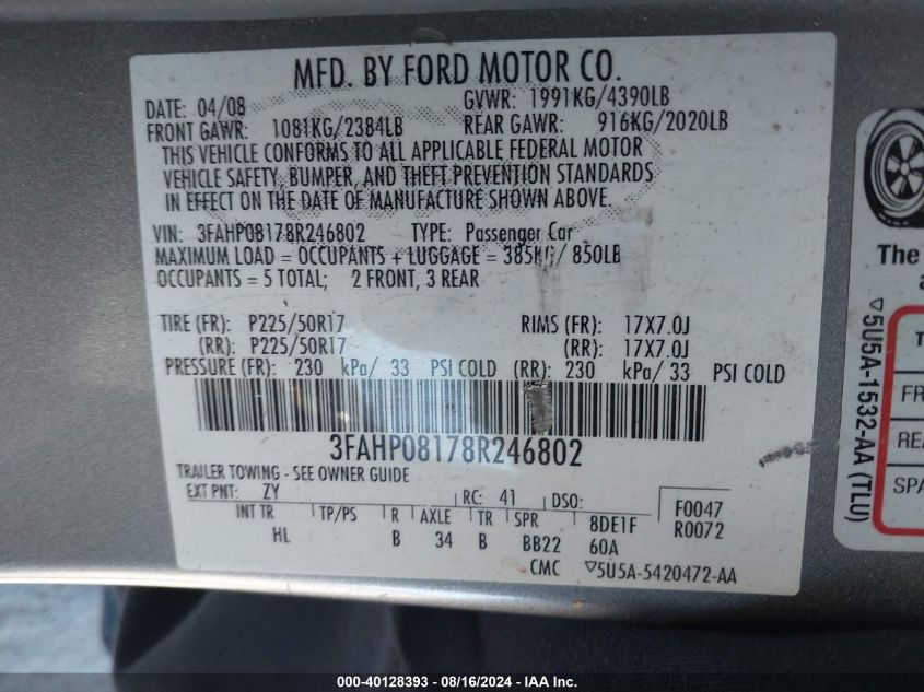 2008 Ford Fusion Sel VIN: 3FAHP08178R246802 Lot: 40128393