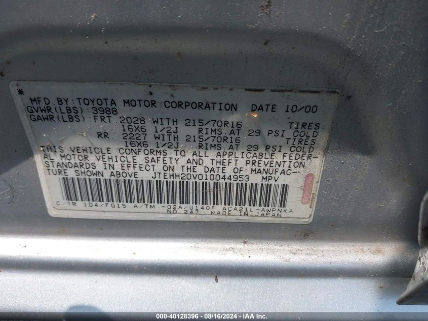 2001 Toyota Rav4 VIN: JTEHH20V010044953 Lot: 40128396