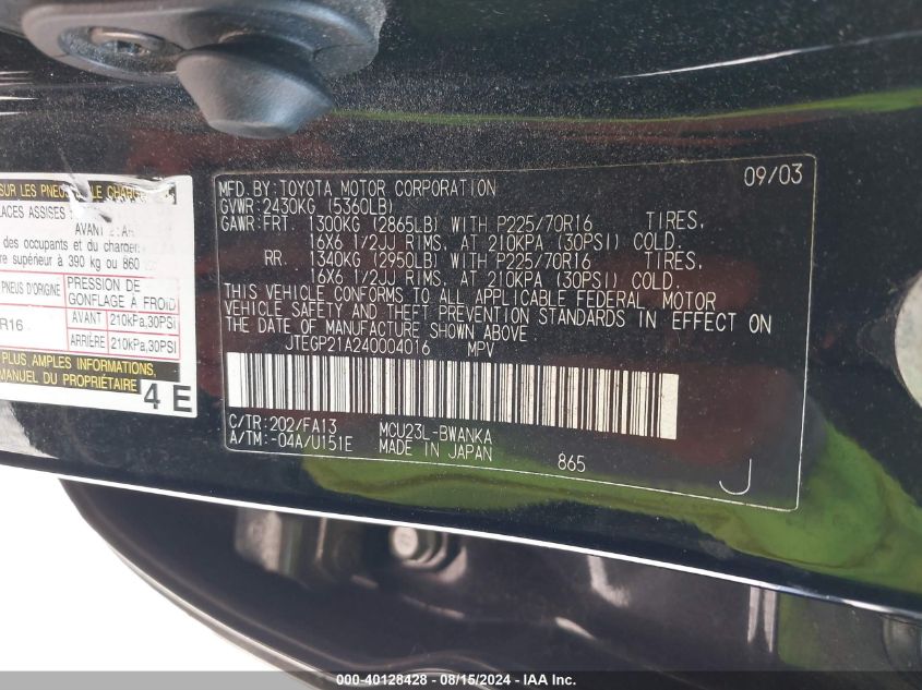 2004 Toyota Highlander V6 VIN: JTEGP21A240004016 Lot: 40128428