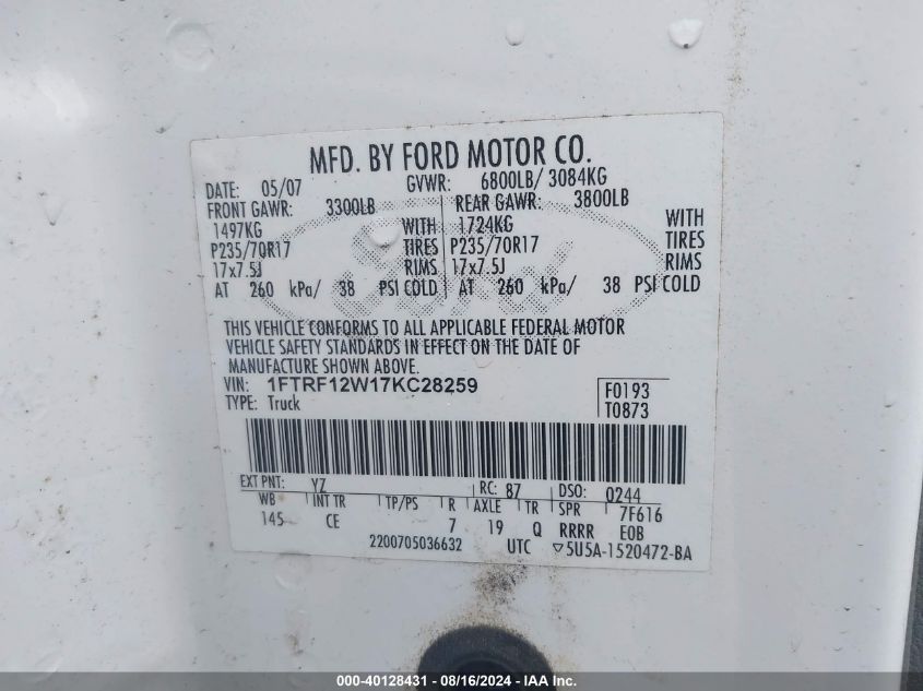 1FTRF12W17KC28259 2007 Ford F-150 Stx/Xl/Xlt