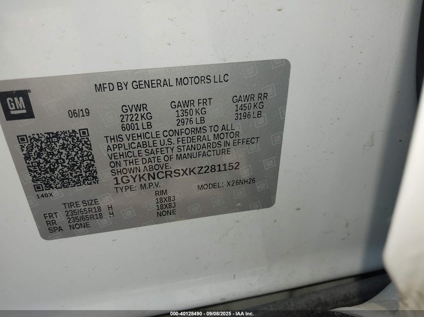 2019 Cadillac Xt5 Luxury VIN: 1GYKNCRSXKZ281152 Lot: 40128490