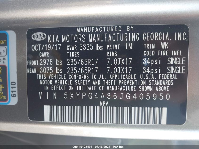 2018 Kia Sorento Lx/L VIN: 5XYPG4A36JG405950 Lot: 40128493