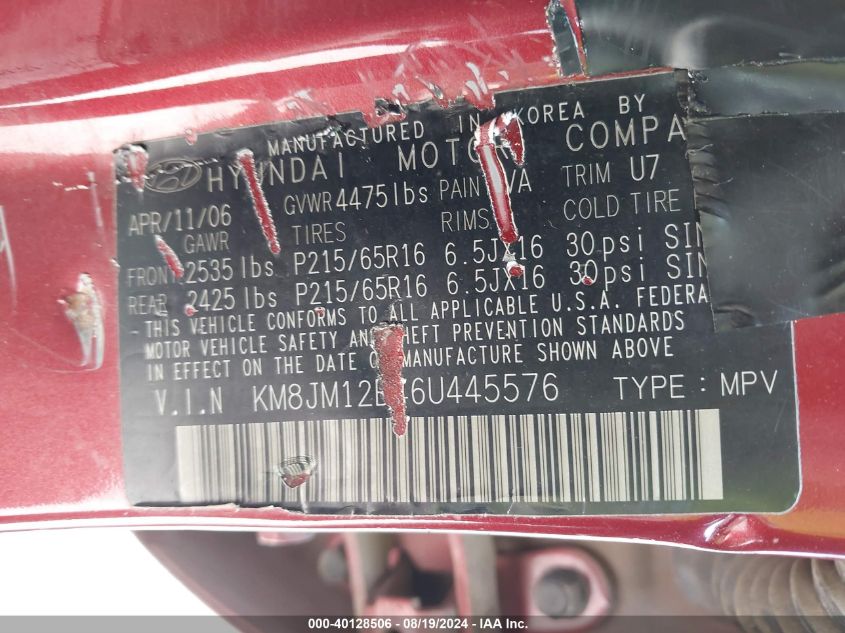 2006 Hyundai Tucson Gl VIN: KM8JM12B46U445576 Lot: 40128506