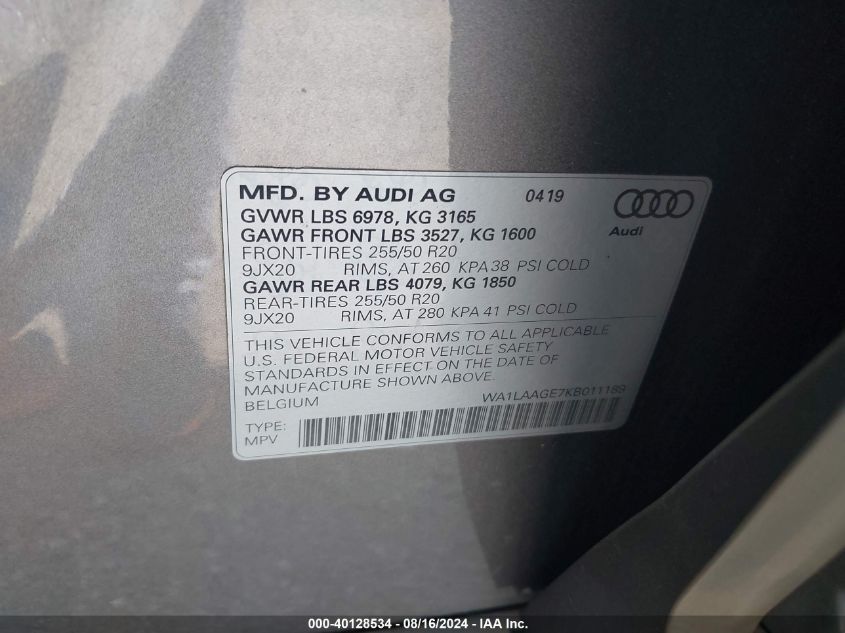 WA1LAAGE7KB011189 2019 Audi E-Tron Premium Plus