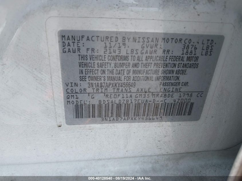 VIN 3N1AB7APXKY456649 2019 NISSAN SENTRA SV
