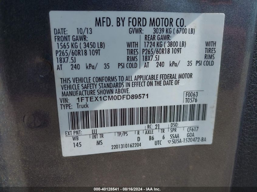 2013 Ford F-150 Xlt VIN: 1FTEX1CM0DFD89571 Lot: 40128541