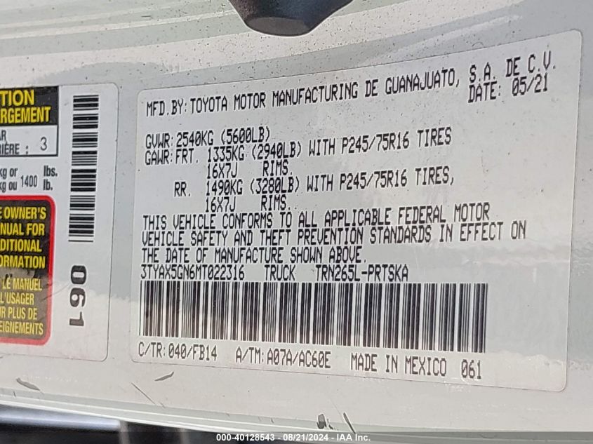 2021 Toyota Tacoma Sr VIN: 3TYAX5GN6MT022316 Lot: 40128543