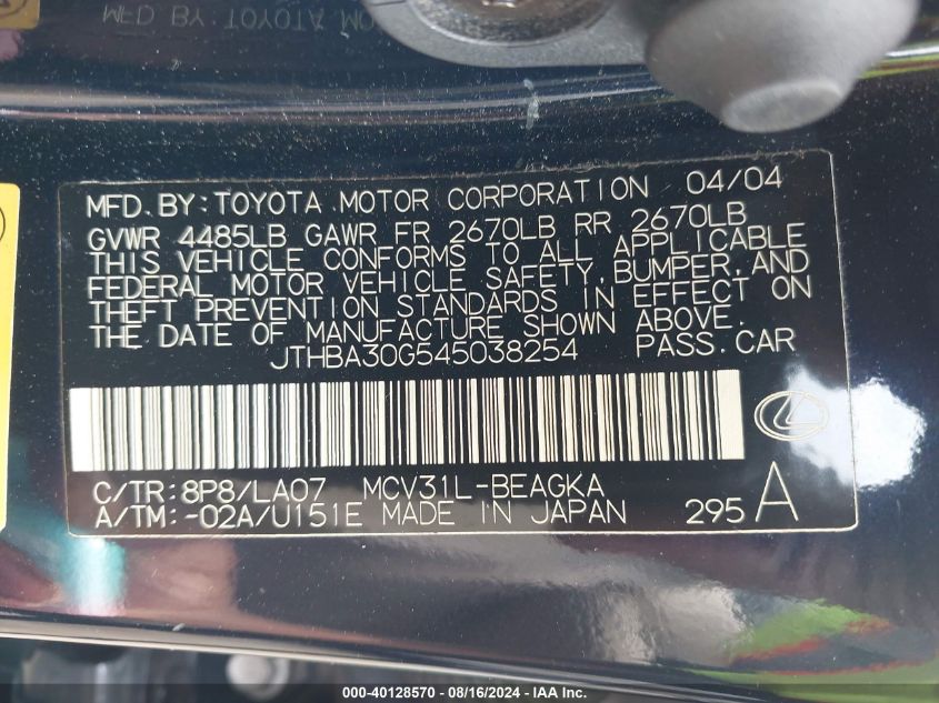 2004 Lexus Es 330 VIN: JTHBA30G545038254 Lot: 40128570