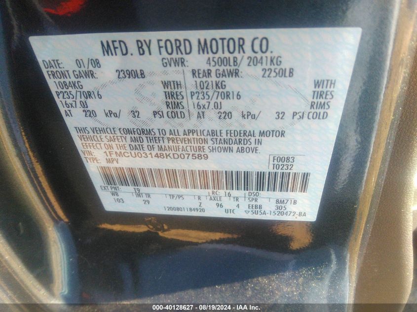 2008 Ford Escape Xlt VIN: 1FMCU03148KD07589 Lot: 40128627