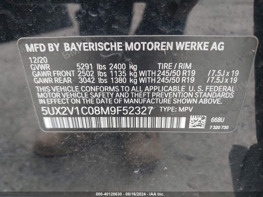 2021 BMW X4 xDrive30I VIN: 5UX2V1C08M9F52327 Lot: 40128630