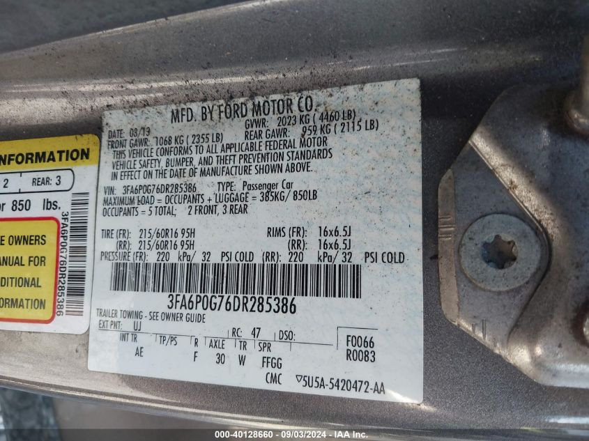 2013 FORD FUSION S - 3FA6P0G76DR285386