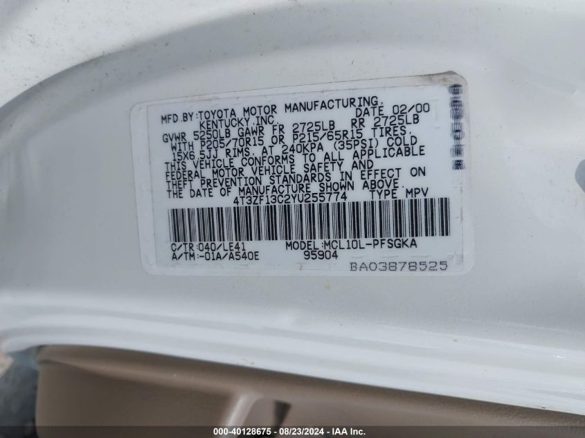 2000 Toyota Sienna Xle VIN: 4T3ZF13C2YU255774 Lot: 40128675