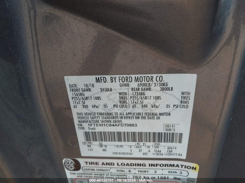 2010 Ford F-150 Xlt VIN: 1FTEW1C84AFD70863 Lot: 40128701