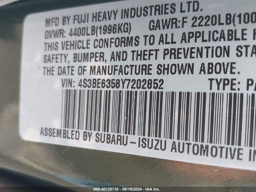 2000 Subaru Legacy L VIN: 4S3BE6358Y7202852 Lot: 40128730