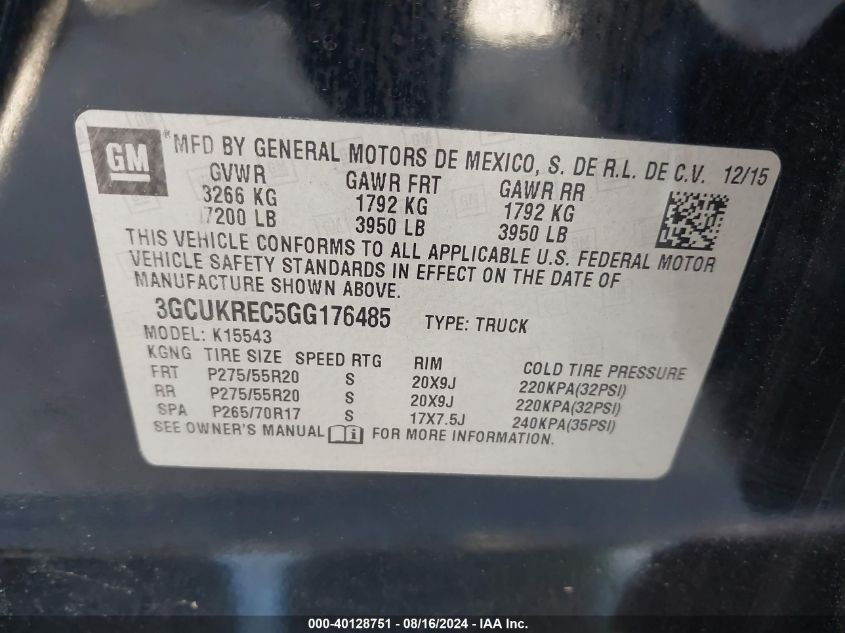 3GCUKREC5GG176485 2016 Chevrolet Silverado 1500 2Lt