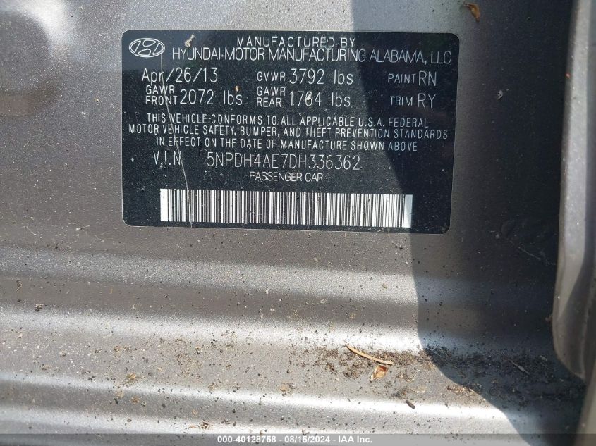 2013 Hyundai Elantra Limited VIN: 5NPDH4AE7DH336362 Lot: 40128758